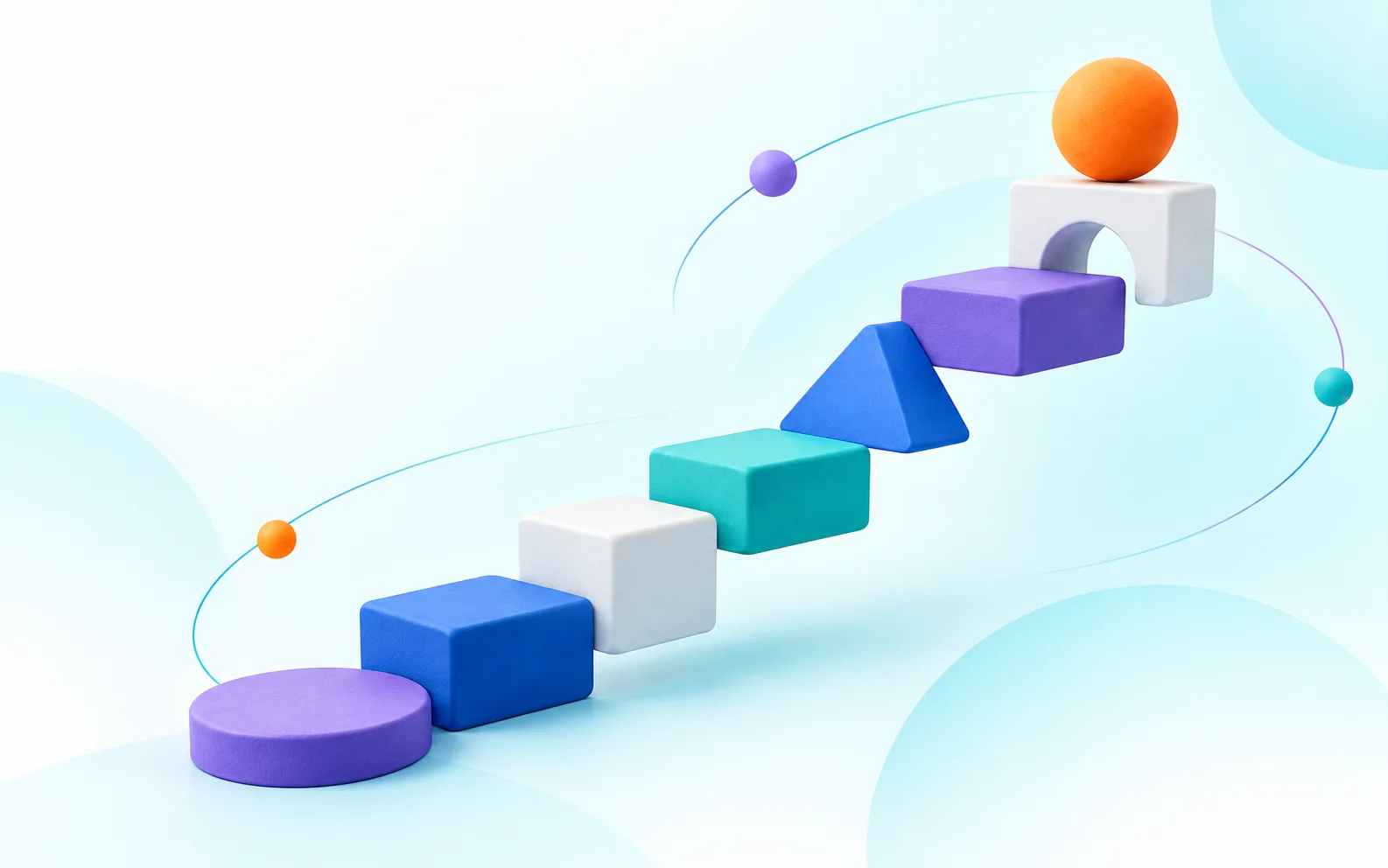 A sequence of colourful geometric learning forms rising towards an orange sphere, representing curiosity becoming structured learning